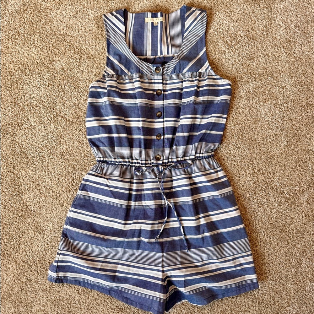 Copper Key Navy and White Striped Romper